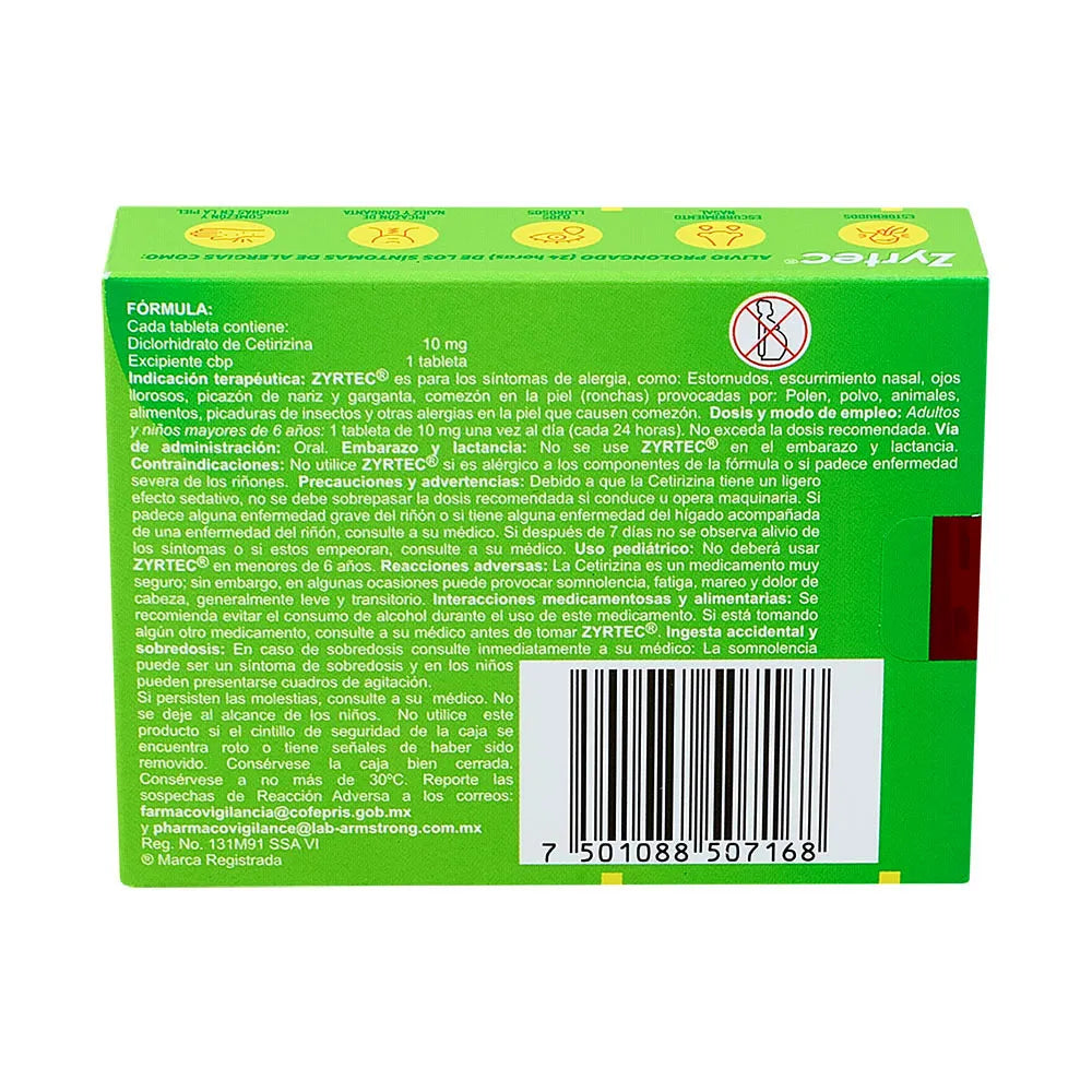 ZYRTEC CETIRIZINA 10 MG CAJ/10 TAB