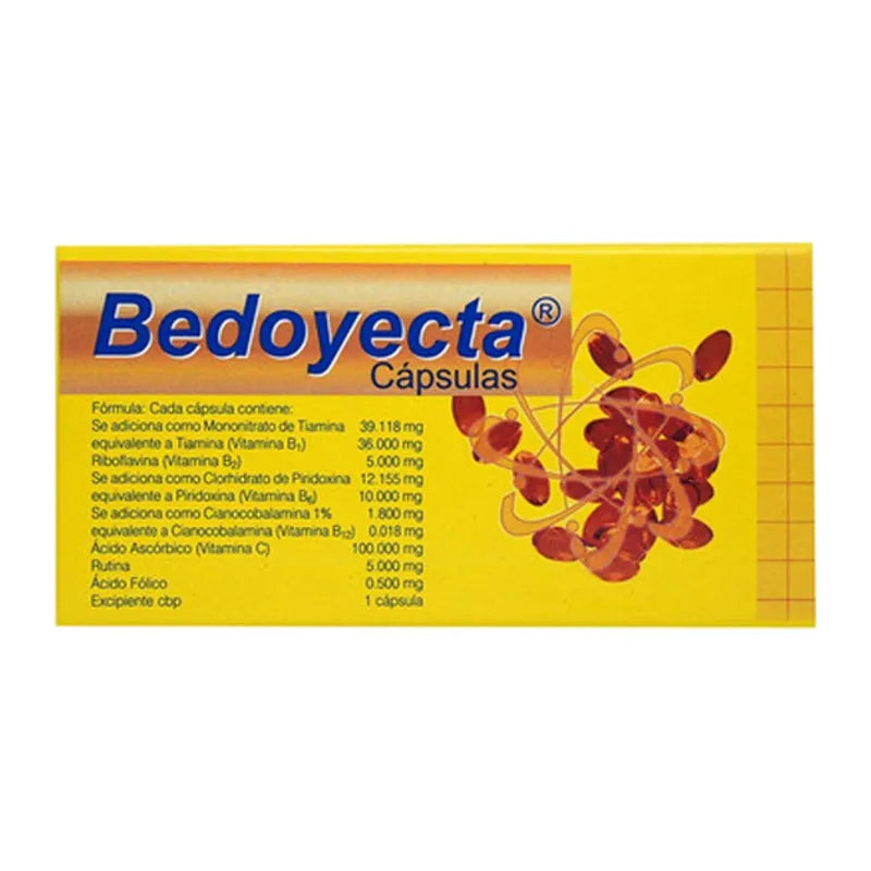 BEDOYECTA CAPSULES THIAMIN/ RIVOFLABIN/ PYRIDOXIN/ CYANOCOBALAMIN/ VITAMIN C/ ROUTINE/ FOLIC ACID 36000 MG/ 5 MG/ 10,000 MG/ 1.8 MG/ 100,000 MG/ 5 MG/ 0.5 MG MULTIVIT CAP C30