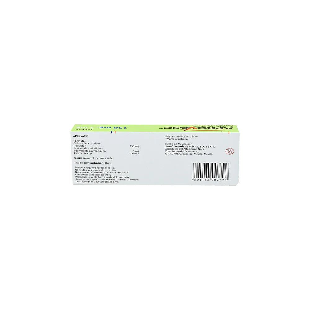 APROVASC IRBESARTAN/ AMLODIPINO 150/5 MG CAJ/28 TAB