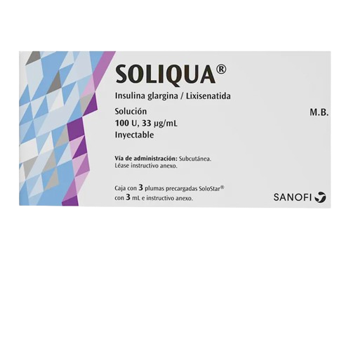 SOLIQUA GLARGINA/LIXISENATIDA 100 UI/ 33 NG/ ML 3 JGP C/3 ML
