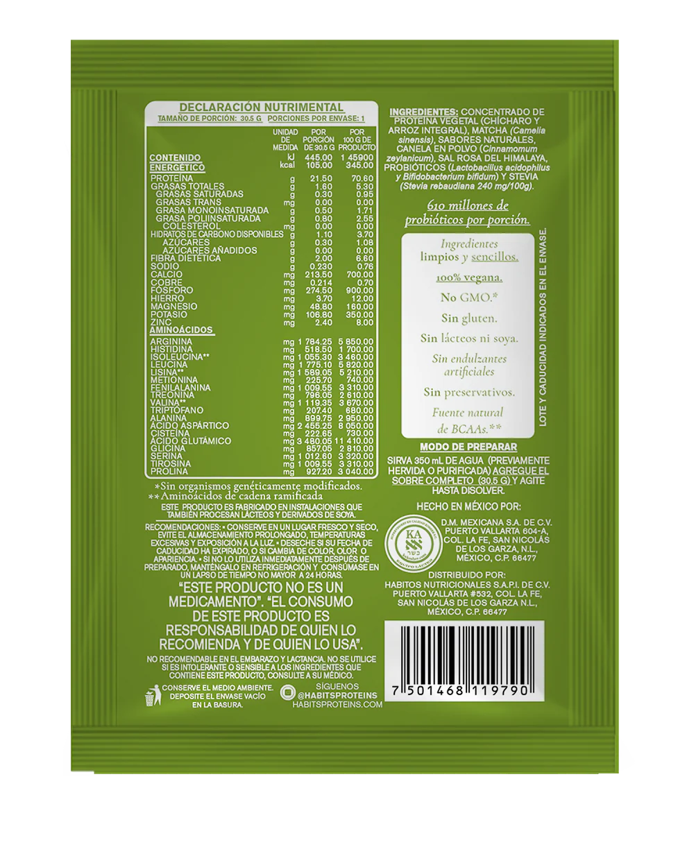 PROBIOTIC MATCHA VAINILLA SACHETS PROTEINA 21.5 GRS DE PROTEINA POR PORCION 1 CAJ/ 16 SOB
