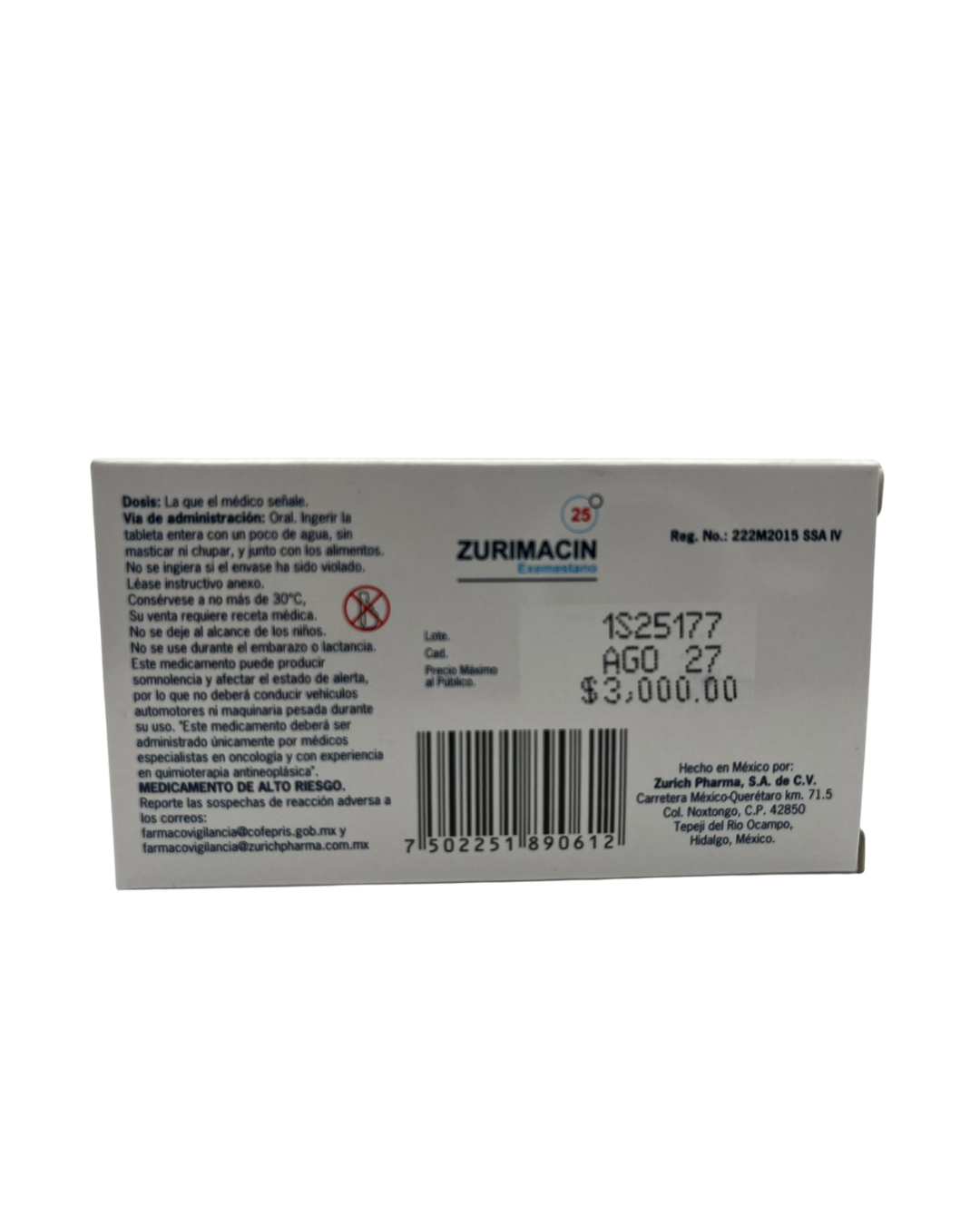 ZURIMACIN EXEMESTANO 25 MG CAJ/30 COMP
