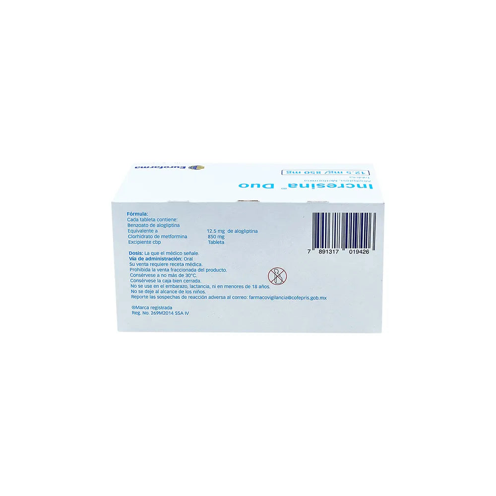 INCRESINA DUO ALOGLIPTINA/METFORMINA 12.5 MG/850 MG CAJ/56 TAB