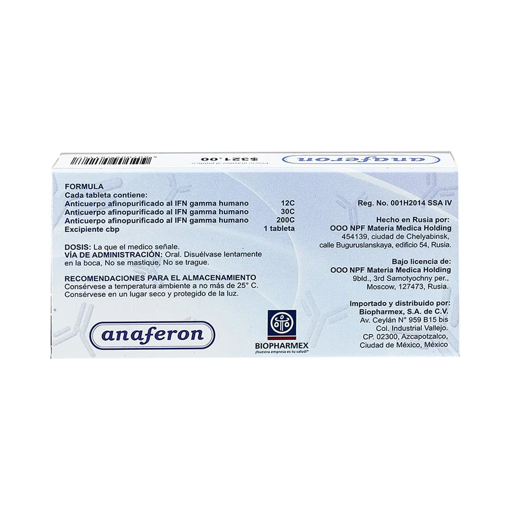 ANAFERON ANTICUERPO AFINOPURIFICADO AL IFN GAMMA HUMANO 12 C/30 C/ 200 C CAJ/ 20 TAB