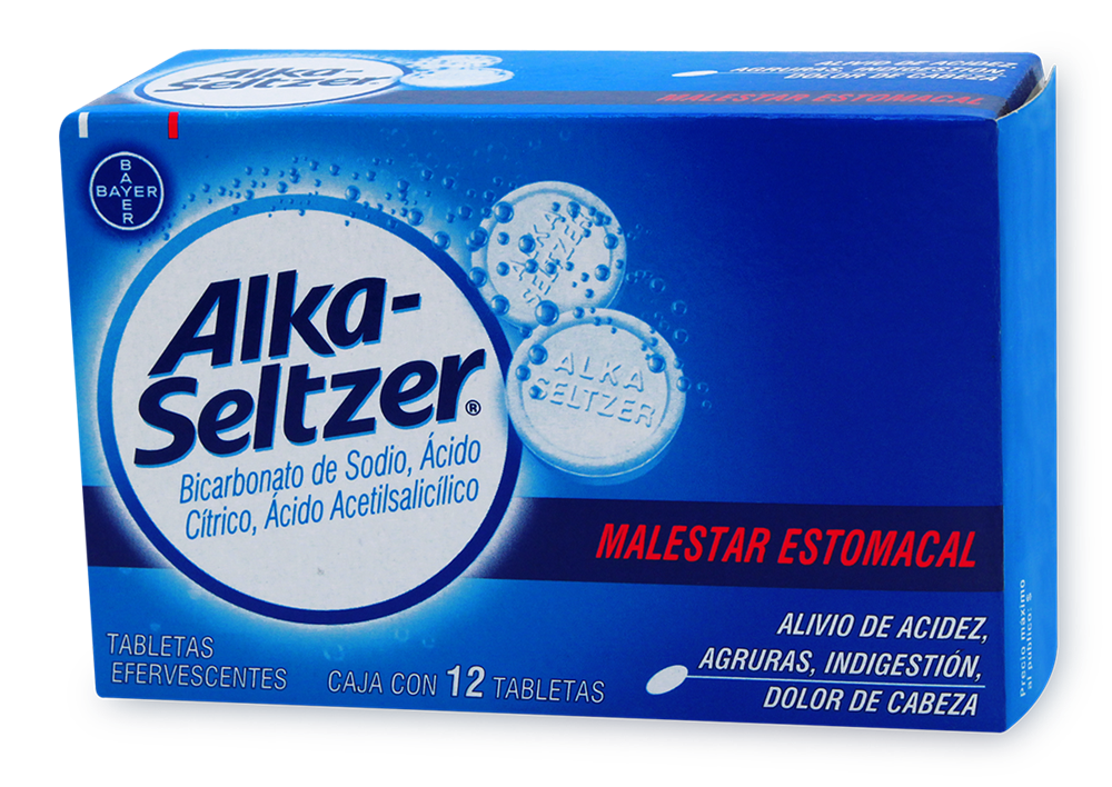 ALKA SELTZER EFERVECENTE BICARBONATO DE SODIO/ ACIDO CITRICO/ ACIDO ACETILSALISILICO   0.324 GR/ 1.976 GR/ 1 GR CAJ/12 TAB