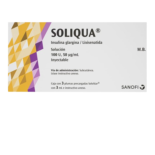 SOLIQUA GLARGINA/LIXISENATIDA 100 UI/ 50 NG/ ML 3 JGP C/3 ML