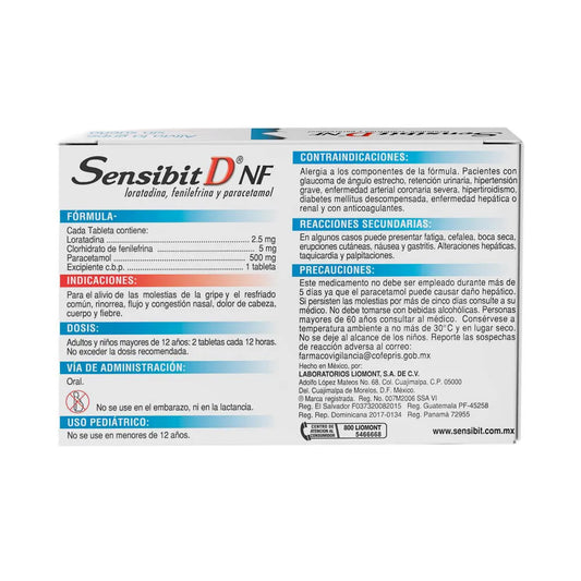 SENSIBIT D NF FENILEFRINA/LORATADINA/ PARACETAMOL 2.5 MG/ 5 MG/ 500 MG  C/12 TAB