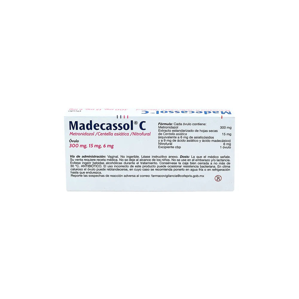 MADECASSOL C METRONIDAZOL CENTELLA ASIATICA NITROFURAL  300 MG/15/MG/6 MG  12 OVULOS