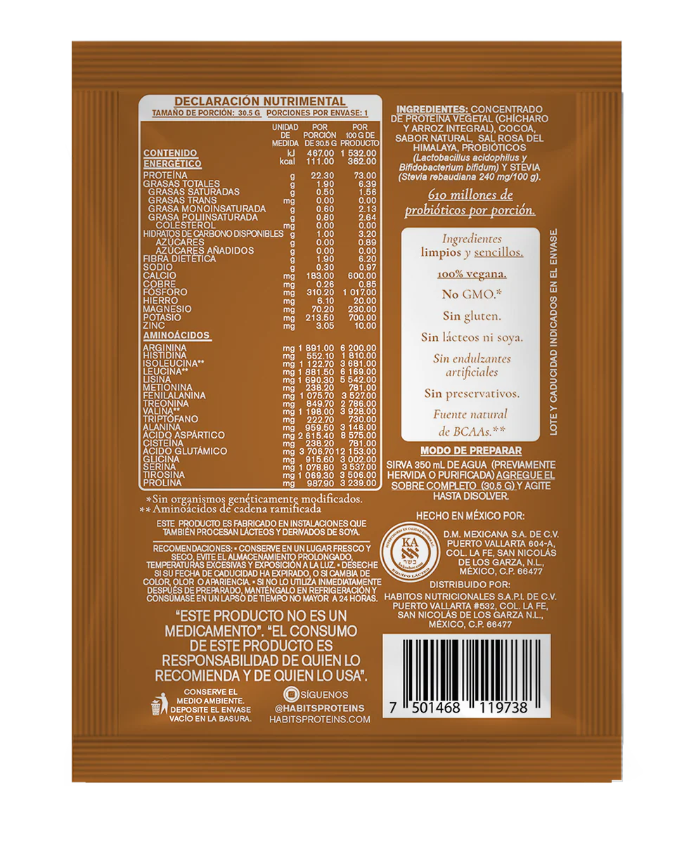 PROBIOTIC CACAO PROTEINA SACHETS 22.3 GRS DE PROTEINA POR PORCION 1 CAJ/ 16 SOB