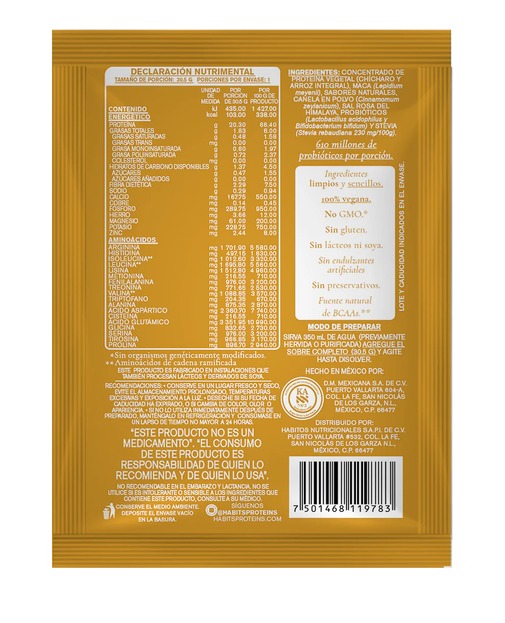 PROBIOTIC MACA CACAO  SACHETS PROTEINA 20.3 GRS DE PROTEINA POR PORCION 1 CAJ/ 16 SOB