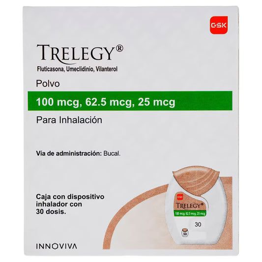 TRELEGY Fluticasona / Umeclidinio / Vilanterol       100 µg/62.5 µg/ 25 µg CAJ/ 1 DISP INH 30 DOSIS